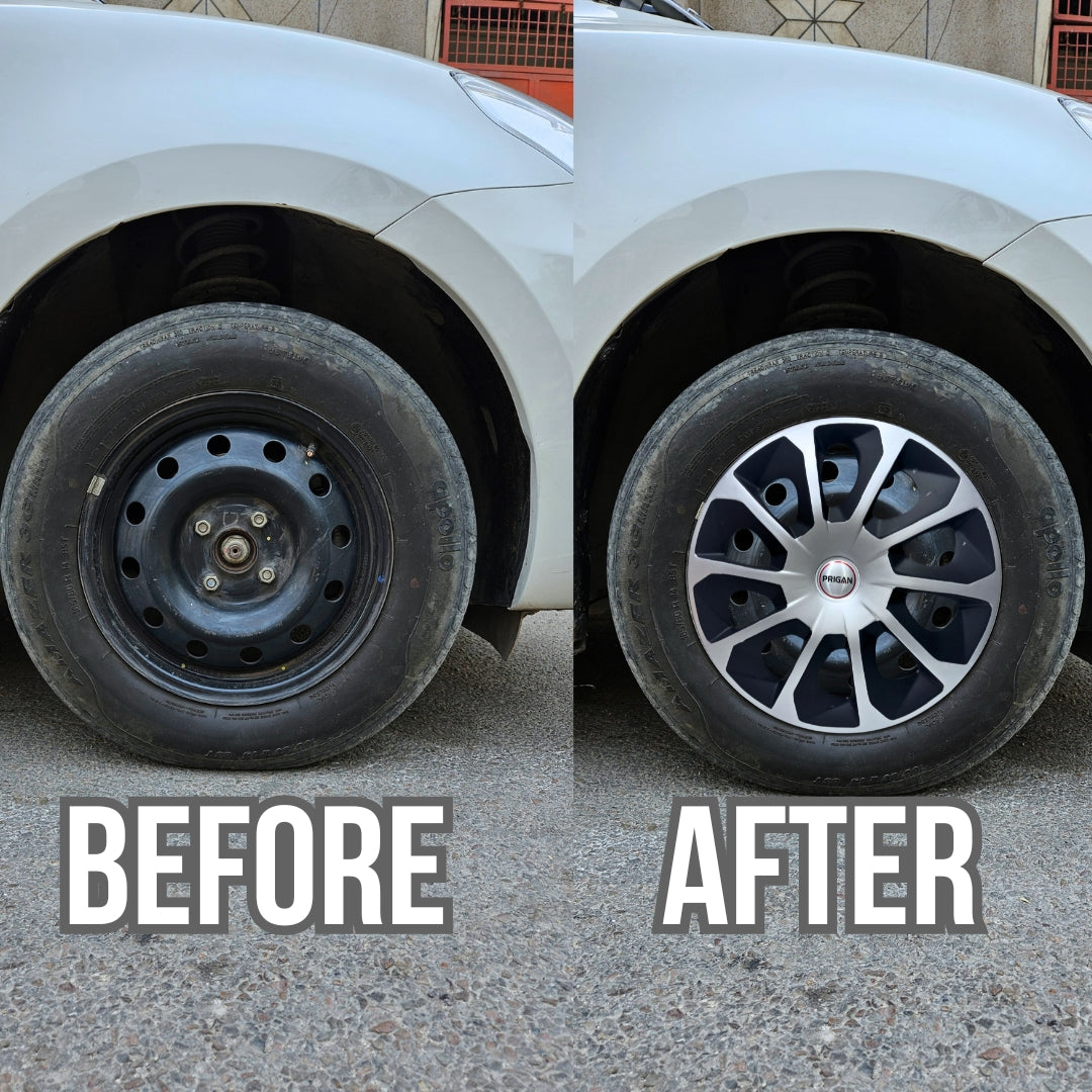 PRIGAN DZIRE TYPE 5 SILVER BLACK WHEEL COVER (Set of 4) AVAILABLE IN 14 INCH