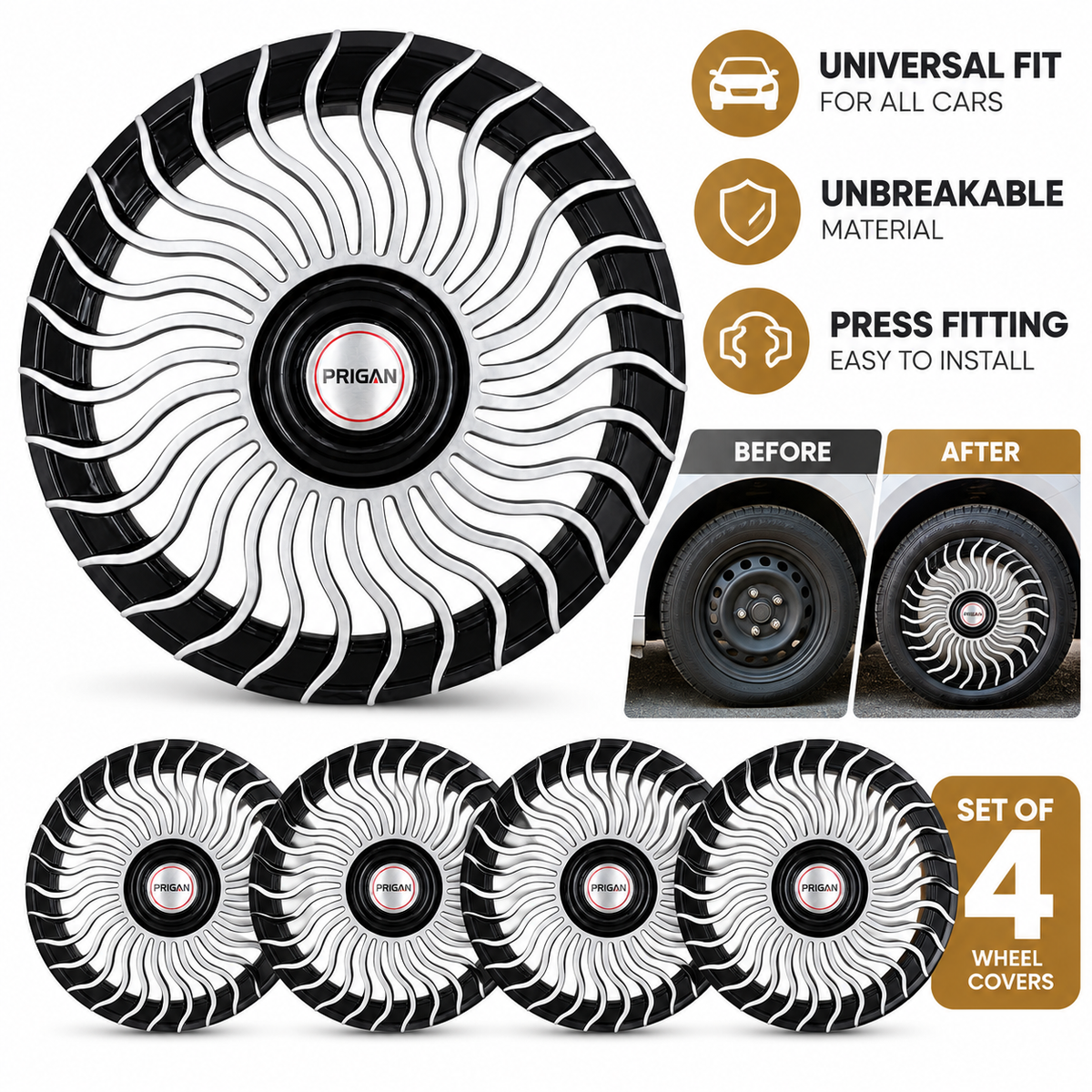 PRIGAN VENOM SILVER BLACK WHEEL COVER  (Set of 4)  AVAILABLE IN 13,14,15 INCH