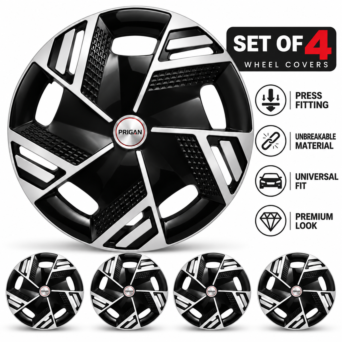 PRIGAN NITRO BLACK SILVER WHEEL COVER  (Set of 4)  AVAILABLE IN 14,15,16 INCH