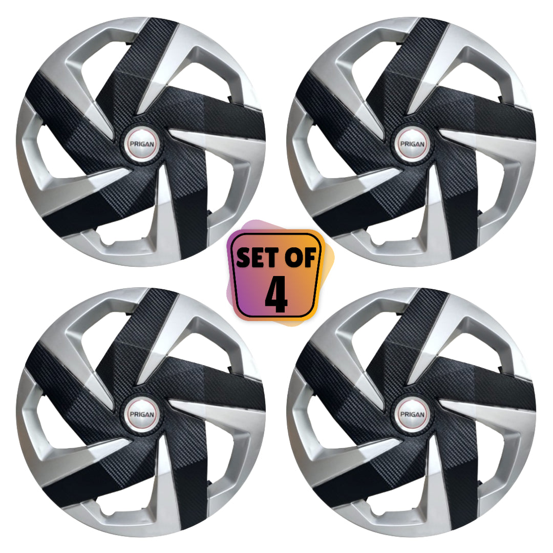 PRIGAN CARBON 15 INCH SILVER BLACK WHEEL COVER  (Set of 4)  AVAILABLE IN 15 INCH