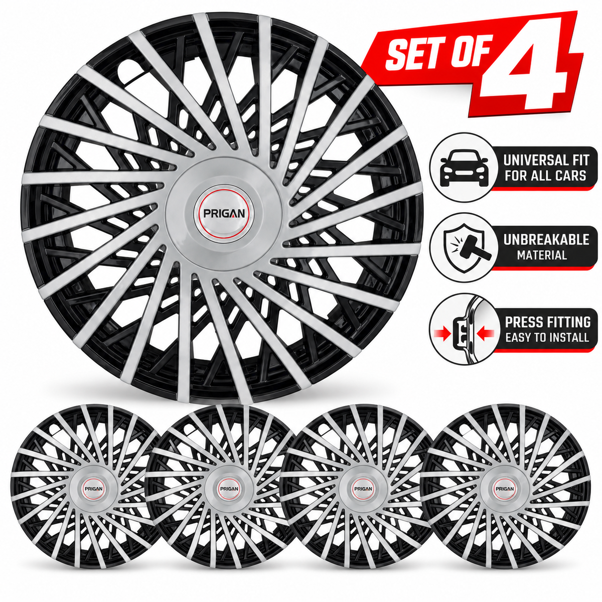 PRIGAN SATIN SILVER BLACK WHEEL COVER (Set of 4)  AVAILABLE IN 13,14,15 INCH