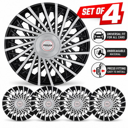 PRIGAN SATIN SILVER BLACK WHEEL COVER (Set of 4)  AVAILABLE IN 13,14,15 INCH